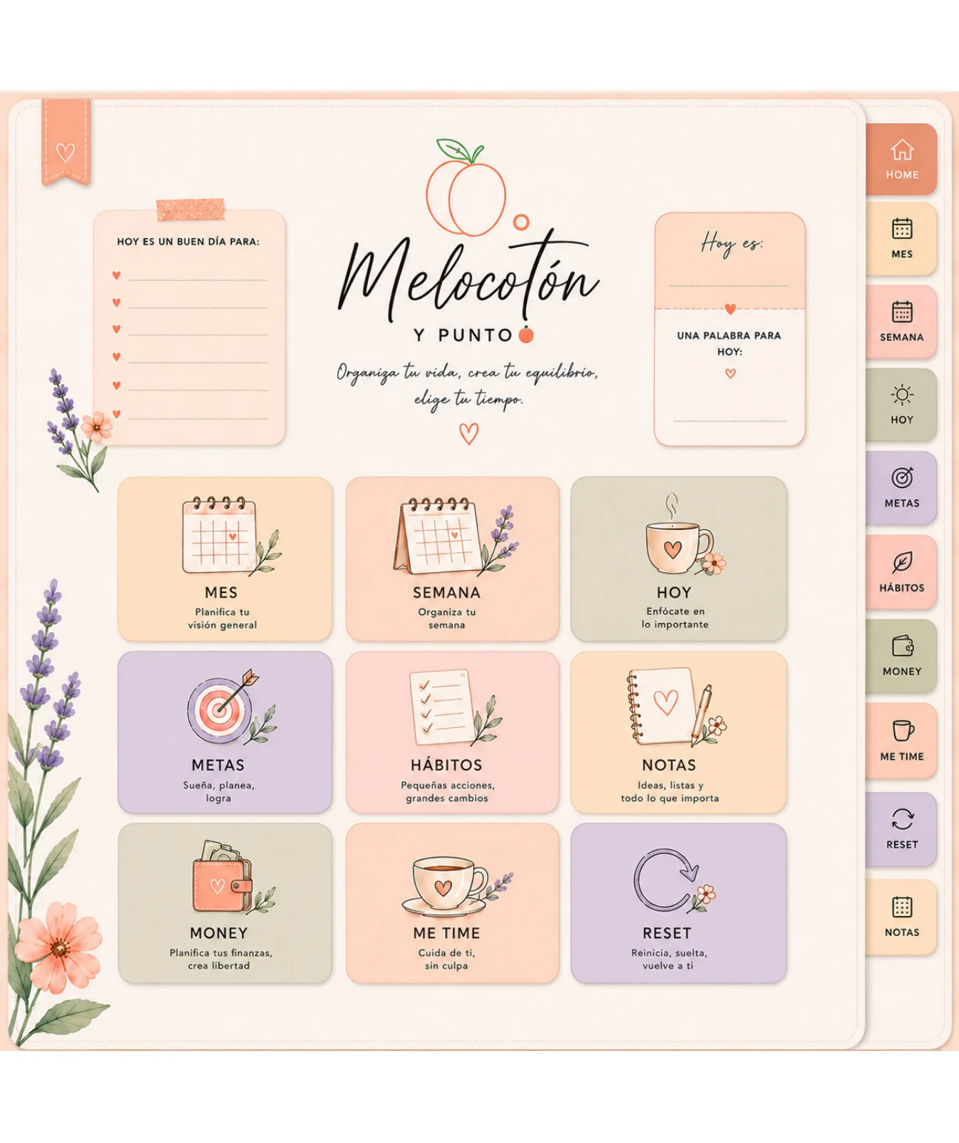 Pantalla inicial auténtica del planner La Vie en Peach, extraída de su PDF