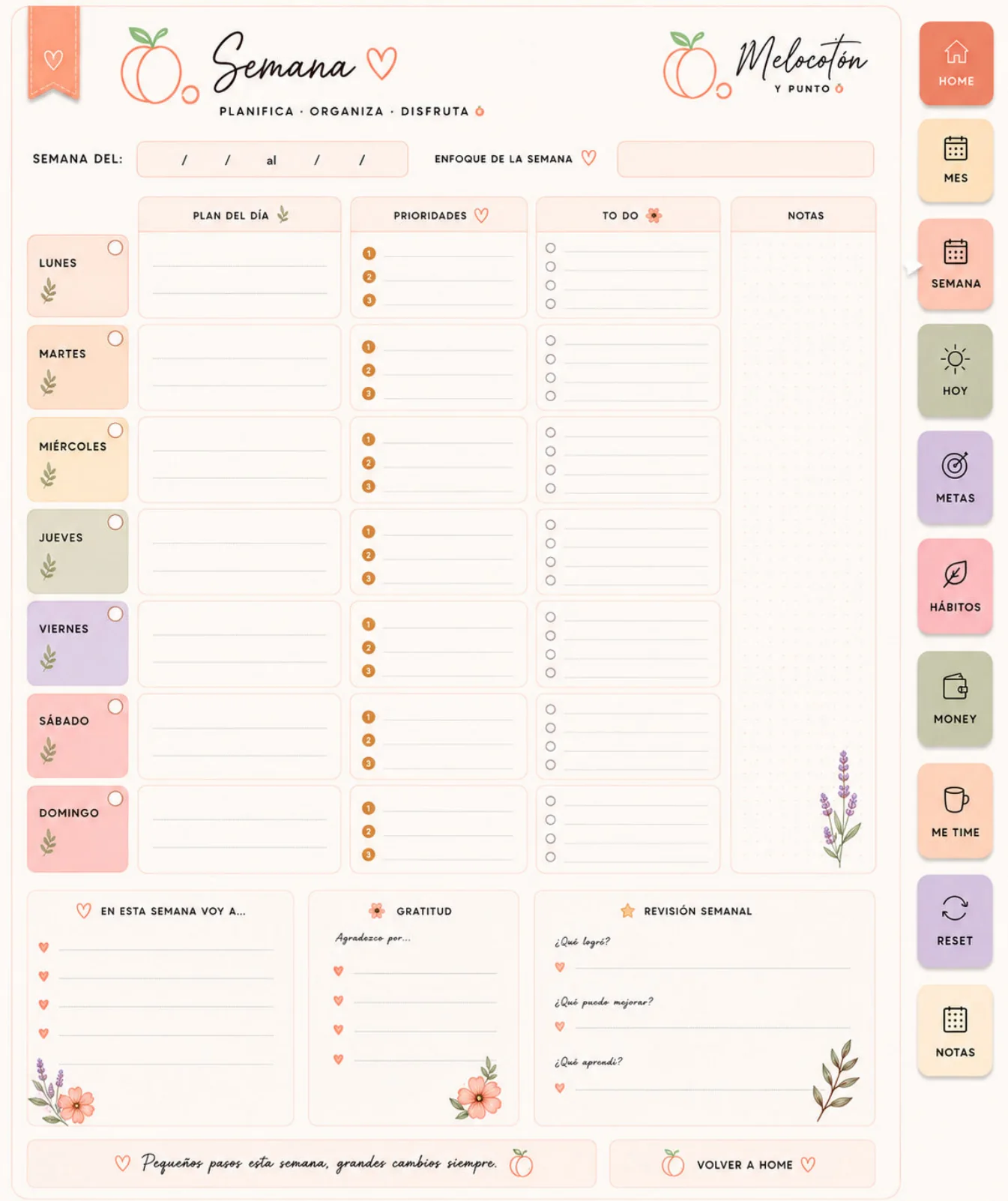 Página semanal auténtica del planner La Vie en Peach