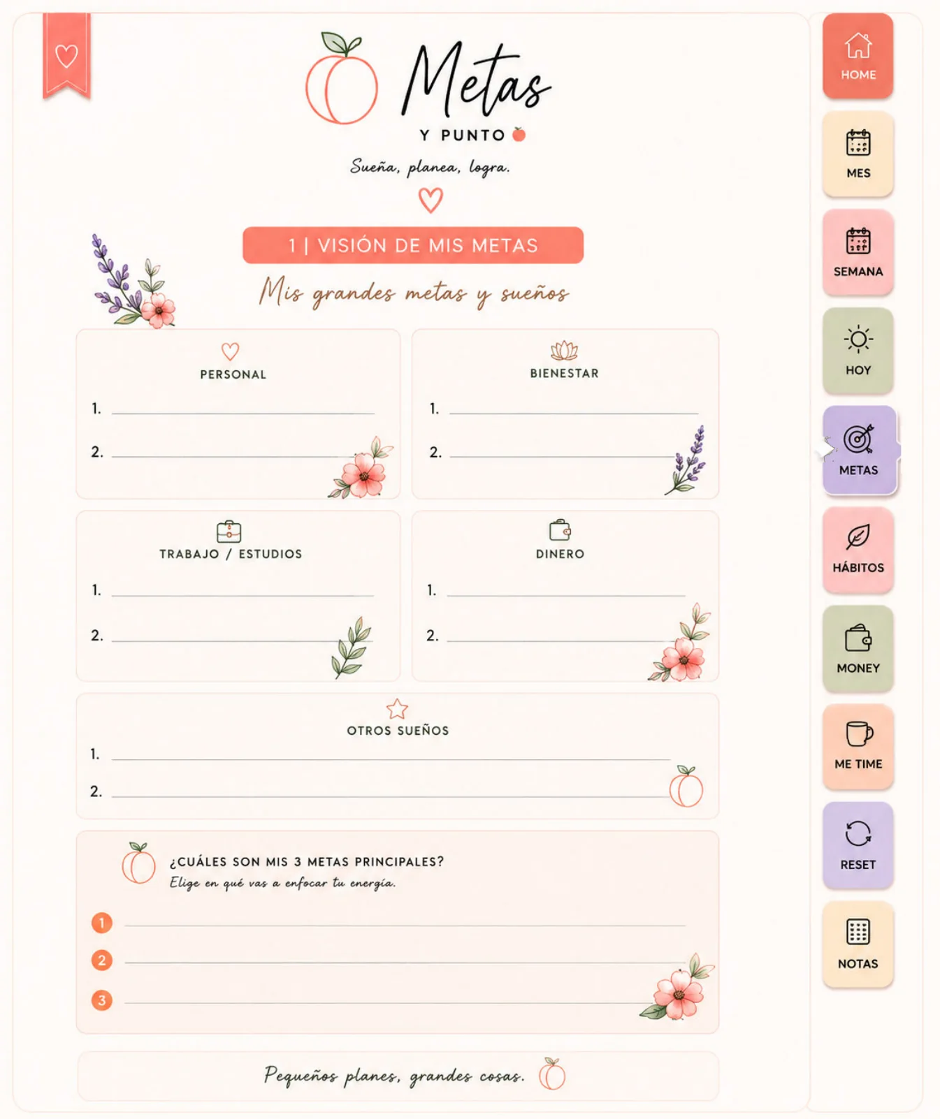 Página original del planner La Vie en Peach: Metas