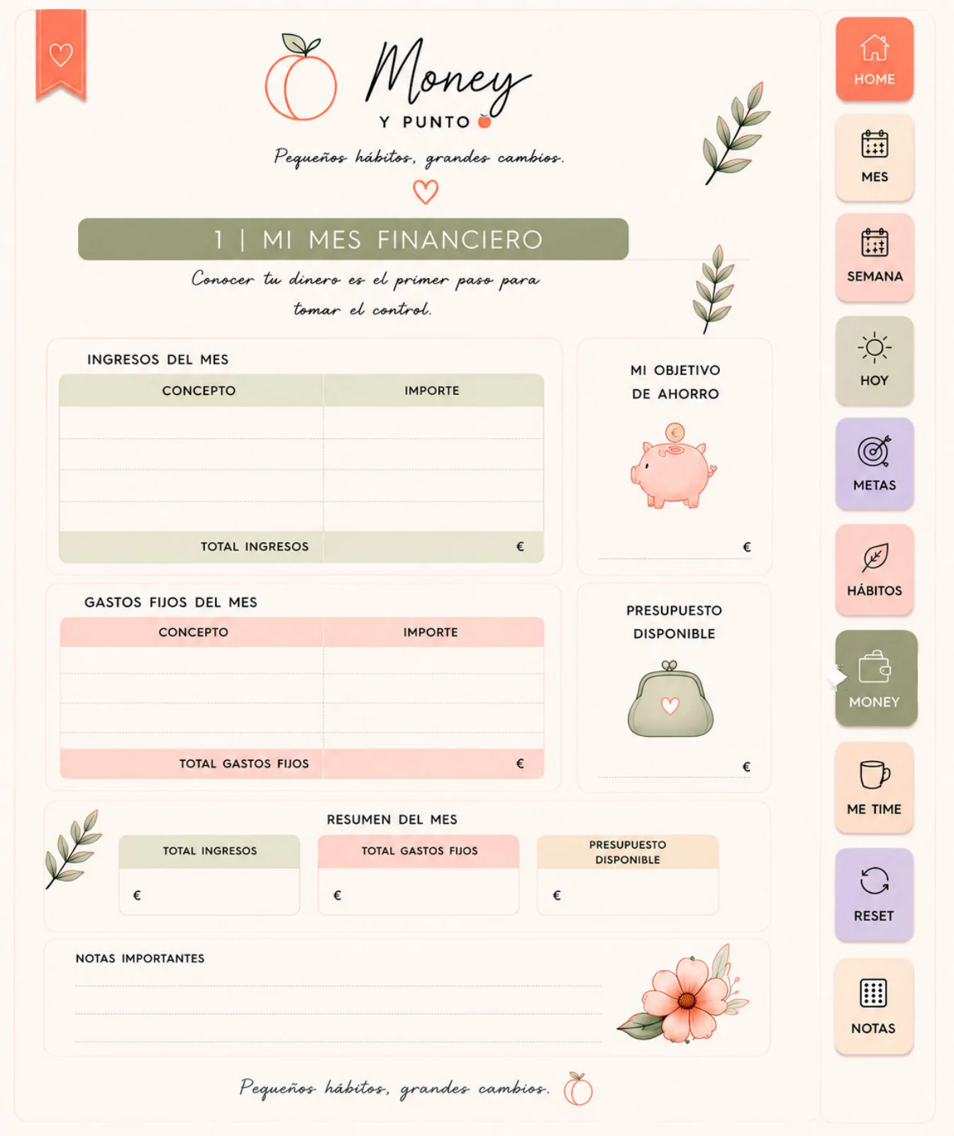 Página original del planner La Vie en Peach: Finanzas