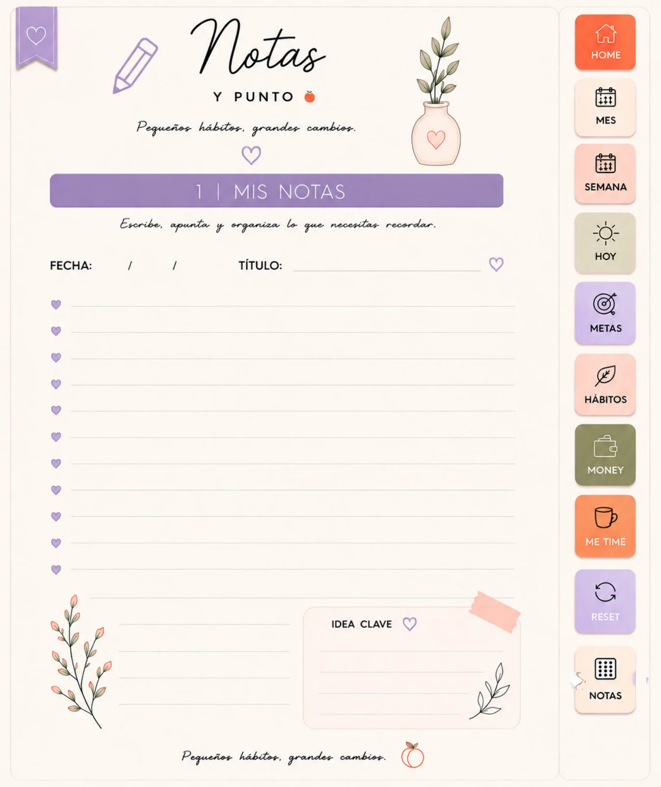 Página original del planner La Vie en Peach: Notas